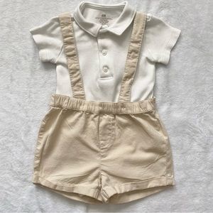 H&M Two Piece Collar Onesie and Short/Suspender Set - White and Tan